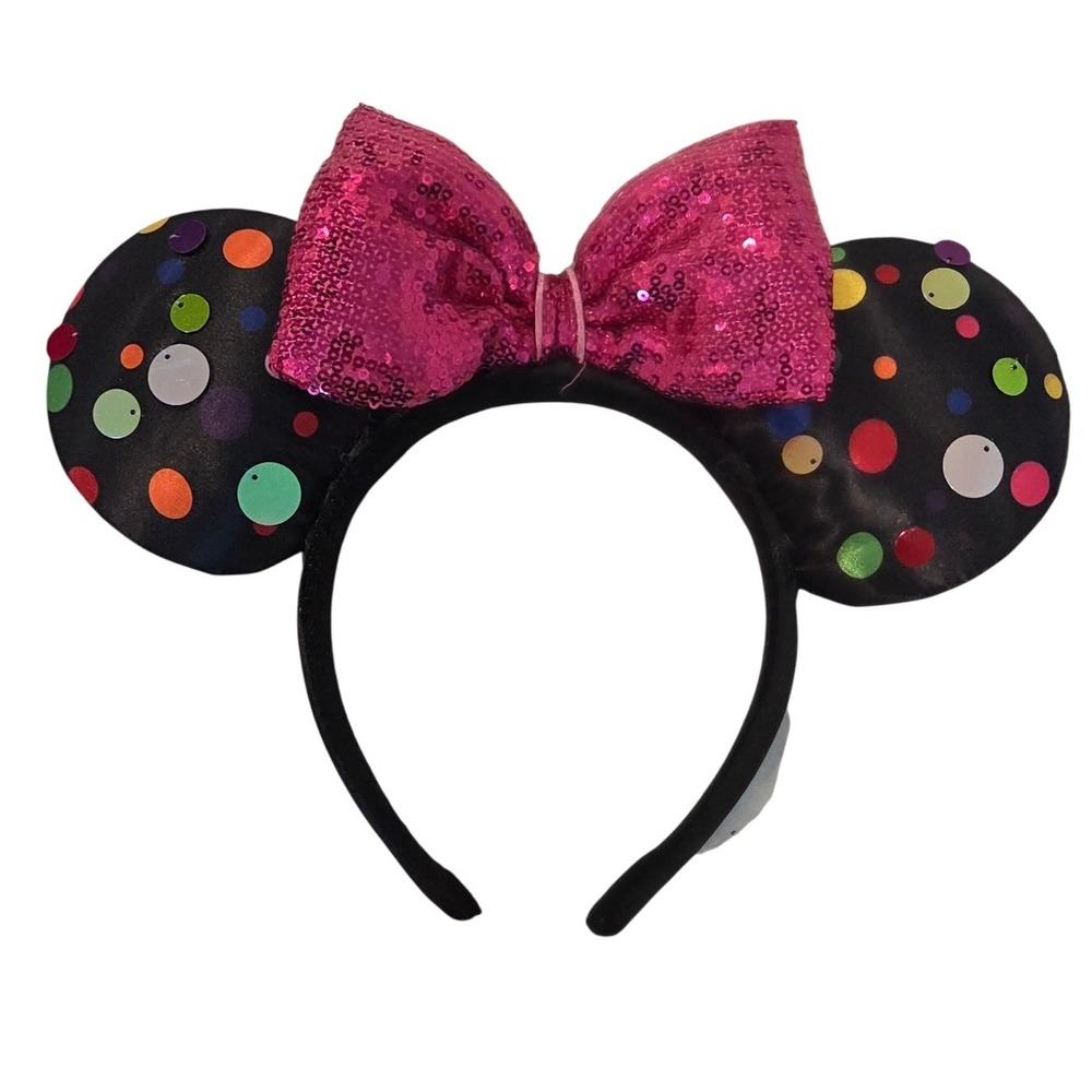 Disney Parks Minnie Mouse Ears Headband Black Polka Dot with Pink Sequin‎ Bow